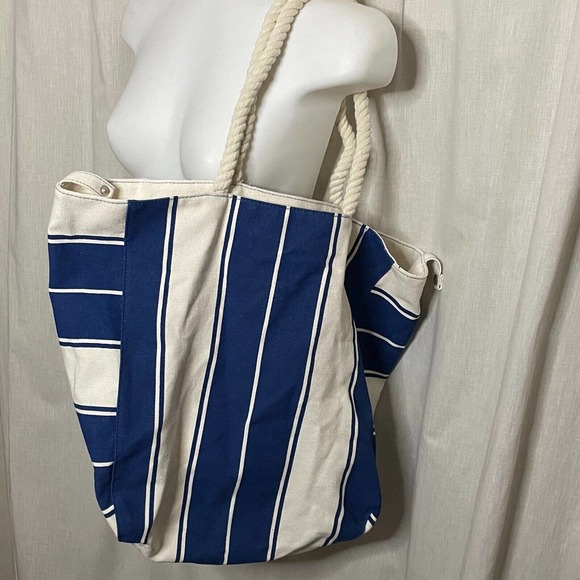 Lancome Blue & White Striped Canvas Tote Bag With Rope Handles - Picture 12 of 12